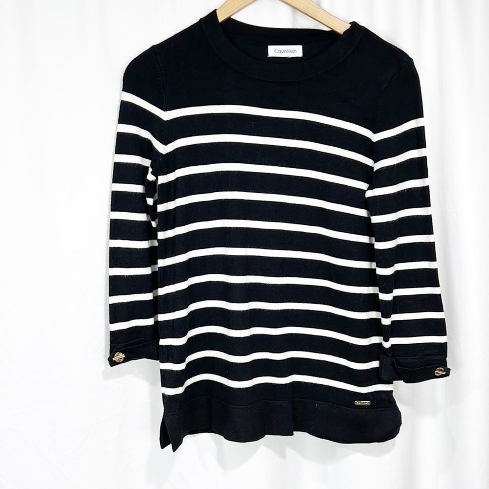 Calvin Klein Black & White Striped Nautical Sweater XS 3/4 Sleeves